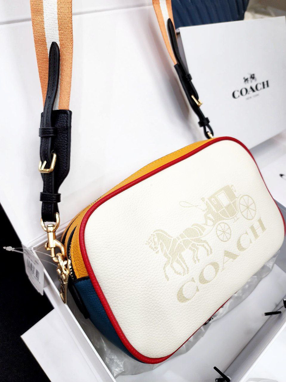 Coach Bold Color-Block Bag – Yellow & White with Yellow Stripe