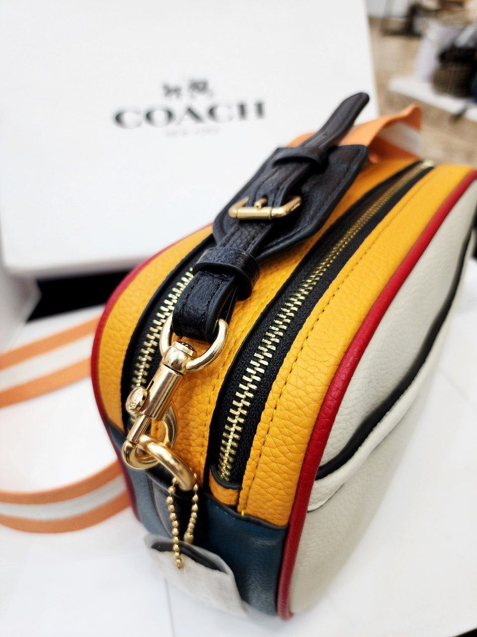 Coach Bold Color-Block Bag – Yellow & White with Yellow Stripe
