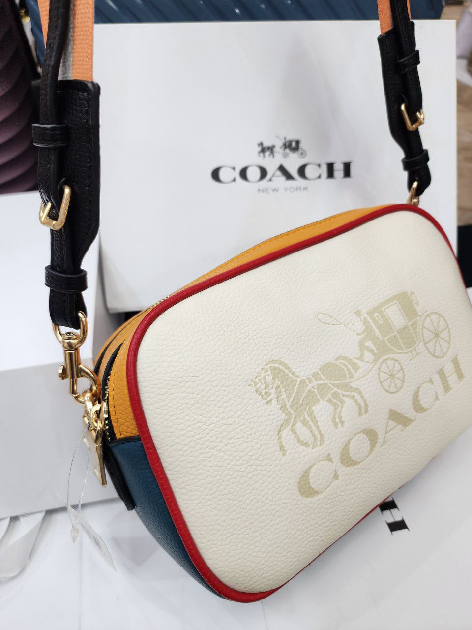 Coach Bold Color-Block Bag – Yellow & White with Yellow Stripe